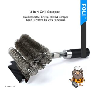 FOLI Grill Brush and Scraper - Bristle Free & Wire Combined Grill Brush - Grill Accessories for Cleaning - 18" Efficient&Safe Cleaner for Gas/Porcelain/Charcoal Grills - BBQ Accessories Gifts for Men