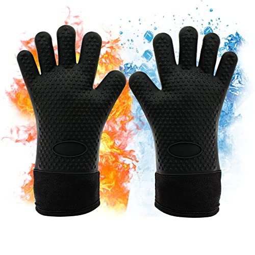 Waterproof BBQ Grill Oven Gloves Heat Resistant,Extra Long,Soft Quilted Lining, Silicone Gloves for Grilling Smoking Barbecue-Great for Handling Hot Food on Your Grill Fryer and Pit,Easy Clean,1 Pair