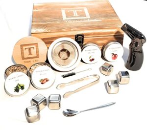 cocktail smoker kit – bourbon/whiskey/brandy old fashioned smoker kit with torch, four (4) types of natural wood chips, stainless ice stones, and more – gift for men
