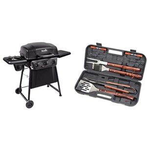 char-broil classic 360 3-burner liquid propane gas grill with side burner & cuisinart cgs-w13 wooden handle tool set (13-piece), black