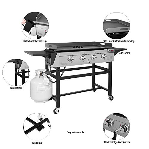 Royal Gourmet GB4001B 4-Burner Flat Top Gas Grill 52000-BTU Propane Fueled Professional Outdoor Griddle 36inch Backyard Cooking with Side Table, Black