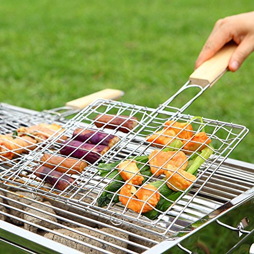 ISKYBOB Portable Barbecue Grilling Basket BBQ Net with Wooden Handle