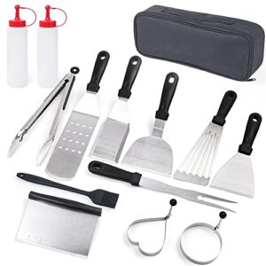 griddle accessories kit, 14pc, stainless steel bbq barbecue tools set for blackstone flat tops, includes spatulas, tongs, scraper tools, brush, fork, squeeze bottles, carrying bag