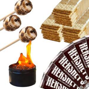 portable bonfire with 112 piece s’mores kit – no fire pit needed – make up to 24 s’mores – includes table top mini bonfire, roasting sticks, chocolate, graham crackers, and marshmallows