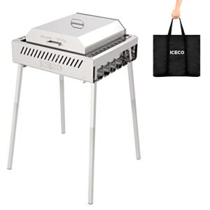 iceco hg72s portable charcoal grill and smoker, height-adjust bbq camping grill with lid, folding yakitori grill, stainless steel tabletop grill pizza oven with carrying bag for patio backyard outdoor