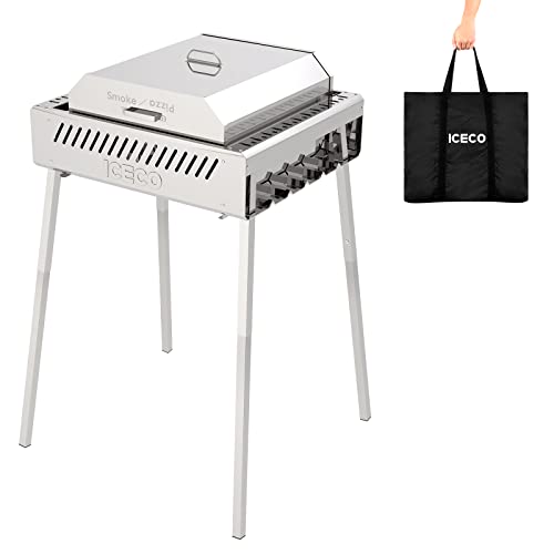 ICECO HG72S Portable Charcoal Grill and Smoker, Height-Adjust BBQ Camping Grill With Lid, Folding Yakitori Grill, Stainless Steel Tabletop Grill Pizza Oven with Carrying Bag for Patio Backyard Outdoor