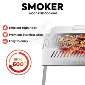 ICECO HG72S Portable Charcoal Grill and Smoker, Height-Adjust BBQ Camping Grill With Lid, Folding Yakitori Grill, Stainless Steel Tabletop Grill Pizza Oven with Carrying Bag for Patio Backyard Outdoor