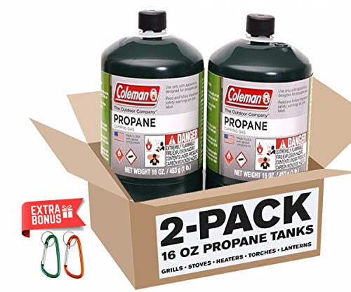 Propane Tank 2 Pack with Golden Lion Bonus: 2 Carabiner Clips, Green, 16oz