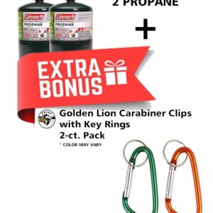 Propane Tank 2 Pack with Golden Lion Bonus: 2 Carabiner Clips, Green, 16oz