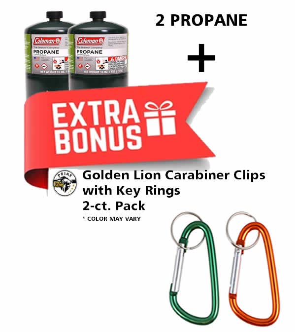 Propane Tank 2 Pack with Golden Lion Bonus: 2 Carabiner Clips, Green, 16oz