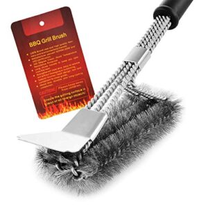 memx grill brush and scraper,strong bbq cleaner accessories,safe wire bristles 18″ stainless steel barbecue triple scrubber cleaning brush,perfect tools for gas/charcoal grill.