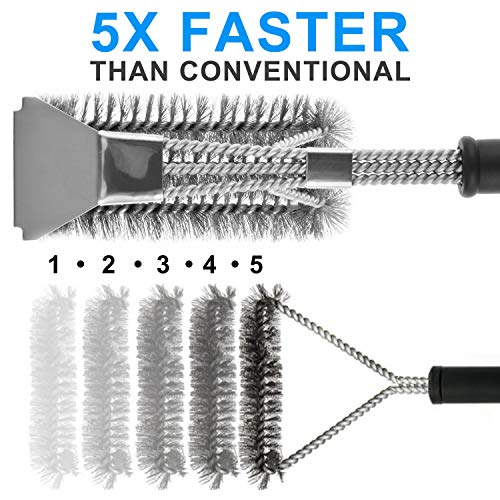 MEMX Grill Brush and Scraper,Strong BBQ Cleaner Accessories,Safe Wire Bristles 18" Stainless Steel Barbecue Triple Scrubber Cleaning Brush,Perfect Tools for Gas/Charcoal Grill.