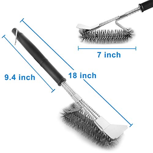 MEMX Grill Brush and Scraper,Strong BBQ Cleaner Accessories,Safe Wire Bristles 18" Stainless Steel Barbecue Triple Scrubber Cleaning Brush,Perfect Tools for Gas/Charcoal Grill.