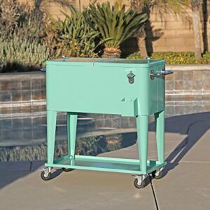 homeaesthetics 80 qt. retro rolling cooler ice chest cart with shelf & bottle opener – seafoam, great for outdoors, patios, decks, parties, backyards, bars
