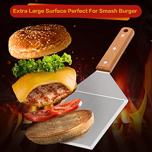 Leonyo Metal Burger Spatula, Heavy Duty Stainless Steel Griddle Spatula, Wide Hamburger Turner for Smashing Burgers, Griddle Accessories for Flat Top, Teppanyaki, BBQ, Heatproof Wooden Handle