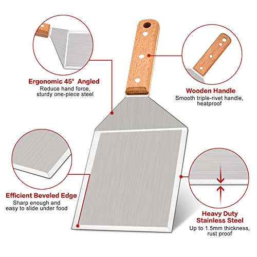 Leonyo Metal Burger Spatula, Heavy Duty Stainless Steel Griddle Spatula, Wide Hamburger Turner for Smashing Burgers, Griddle Accessories for Flat Top, Teppanyaki, BBQ, Heatproof Wooden Handle