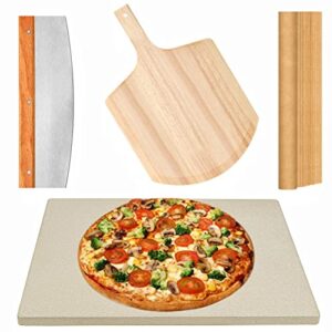 4 pcs rectangle pizza stone set, 15″ large pizza stone for oven and grill with pizza peel(oak), pizza cutter & 10pcs cooking paper for free, baking stone for pizza, bread