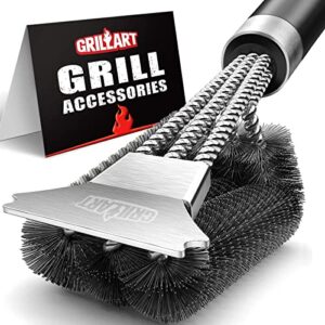 grillart grill brush and scraper with deluxe handle, safe wire grill brush bbq cleaning brush grill grate cleaner for gas infrared charcoal porcelain grills, br-8529