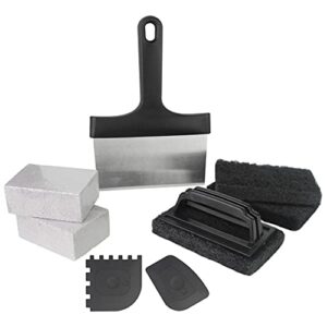 griddle cleaning kit 8 pcs, grill accessories cleaner tool set-1 stainless steel 6″ scraper, 2 scouring pads,1 scouring pads with handle, 2 cleaning bricks, 1 pan scraper