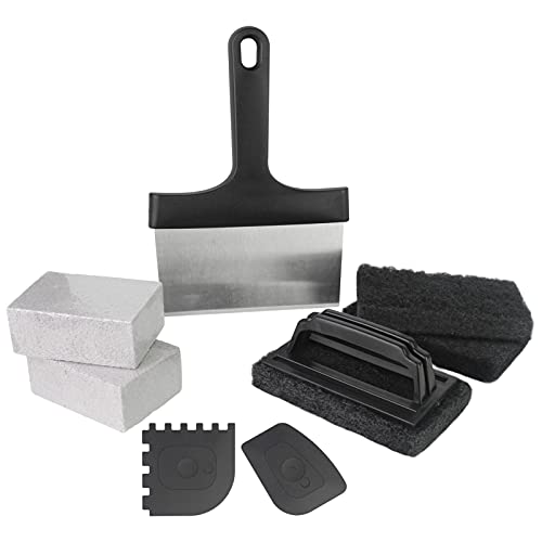 Griddle Cleaning Kit 8 Pcs, Grill Accessories Cleaner Tool Set-1 Stainless Steel 6" Scraper, 2 Scouring Pads,1 Scouring Pads with Handle, 2 Cleaning Bricks, 1 Pan Scraper