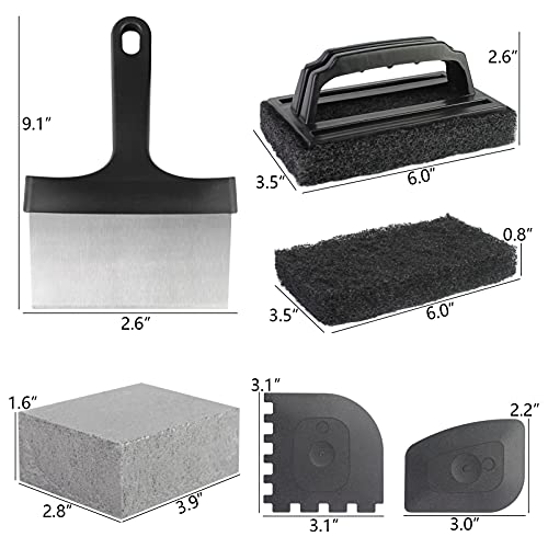 Griddle Cleaning Kit 8 Pcs, Grill Accessories Cleaner Tool Set-1 Stainless Steel 6" Scraper, 2 Scouring Pads,1 Scouring Pads with Handle, 2 Cleaning Bricks, 1 Pan Scraper