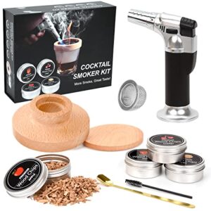 Cocktail Whiskey Smoker Kit with Torch, Old Fashioned Bourbon with 4 Flavored Smoking Wood Chips, Drink Smoker Infuser Kit Gifts for Cocktail Lovers, Men, Dad, Husband, Boss, boyfriend (No Butane)