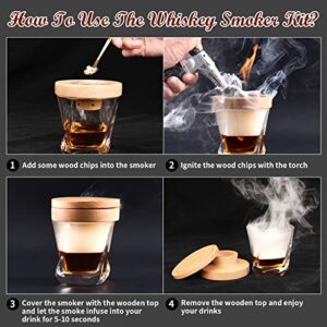 Cocktail Whiskey Smoker Kit with Torch, Old Fashioned Bourbon with 4 Flavored Smoking Wood Chips, Drink Smoker Infuser Kit Gifts for Cocktail Lovers, Men, Dad, Husband, Boss, boyfriend (No Butane)