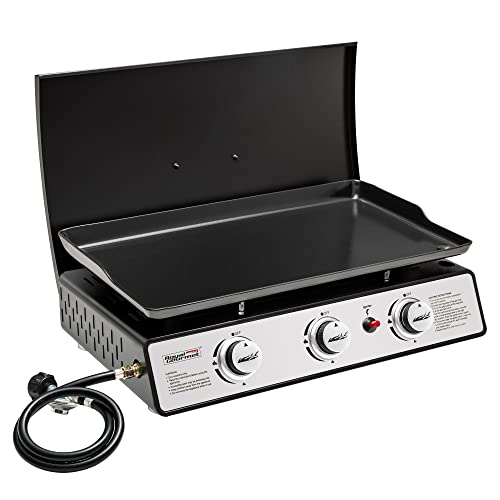 Royal Gourmet PD2301S 3-Burner 25,500 BTU Portable Gas Grill Top Hard Cover, 24-Inch Tabletop Griddle Station for Outdoor Camping, Tailgating, Picnicking, Silver & Black