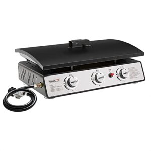 Royal Gourmet PD2301S 3-Burner 25,500 BTU Portable Gas Grill Top Hard Cover, 24-Inch Tabletop Griddle Station for Outdoor Camping, Tailgating, Picnicking, Silver & Black