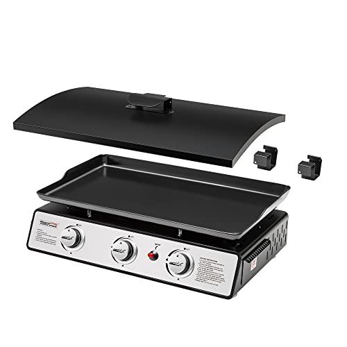 Royal Gourmet PD2301S 3-Burner 25,500 BTU Portable Gas Grill Top Hard Cover, 24-Inch Tabletop Griddle Station for Outdoor Camping, Tailgating, Picnicking, Silver & Black