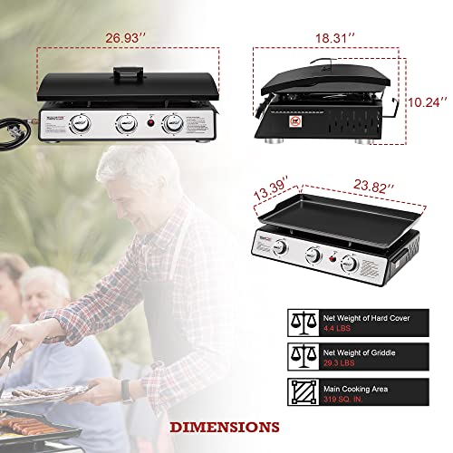 Royal Gourmet PD2301S 3-Burner 25,500 BTU Portable Gas Grill Top Hard Cover, 24-Inch Tabletop Griddle Station for Outdoor Camping, Tailgating, Picnicking, Silver & Black