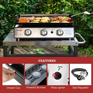 Royal Gourmet PD2301S 3-Burner 25,500 BTU Portable Gas Grill Top Hard Cover, 24-Inch Tabletop Griddle Station for Outdoor Camping, Tailgating, Picnicking, Silver & Black