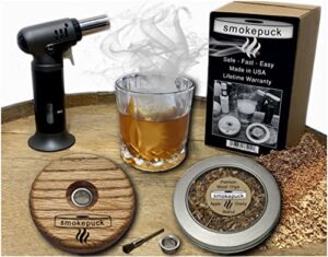 smokepuck cocktail smoker kit with apple+cherry+walnut wood chips – made in usa – safe, fast, easy create smoked old fashioned – great whiskey & bourbon gift – includes xl premium torch – no butane