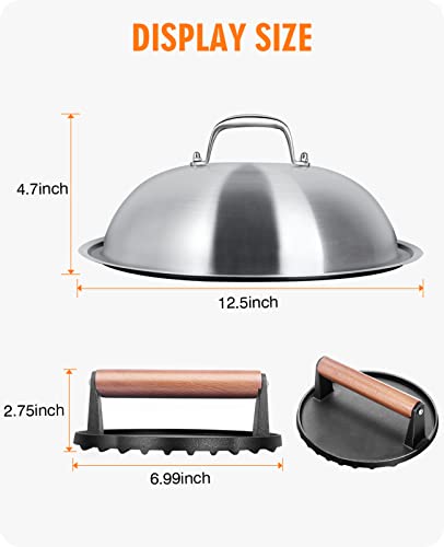 homenote Griddle Accessories for Blackstone, Commercial Grade 12 Inch Heavy Duty Round Melting Dome with Cast Iron Smash Burger Press Perfect for Flat Top Hibachi Grill Indoor Outdoor