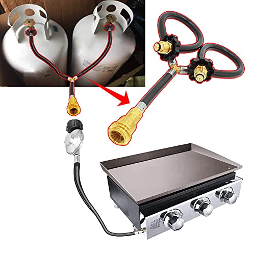 MOFLAME Y-Splitter Propane Tank Converter Adapter Hose,Conversion 5lb-100lb Lp 2 Way Tanks Hook Up to Camping Grill Stove, Firepit,Fireplace and Propane Appliance-POL Male Valve to POL/QCC1 Regulator