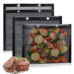 bbq mesh grill bags for outdoor grill reusable, 3 pack non-stick barbecue bags for charcoal gas electric grills smokers bbq veggie grill bags for cooking vegetables grilling bag pouches heat-resistant
