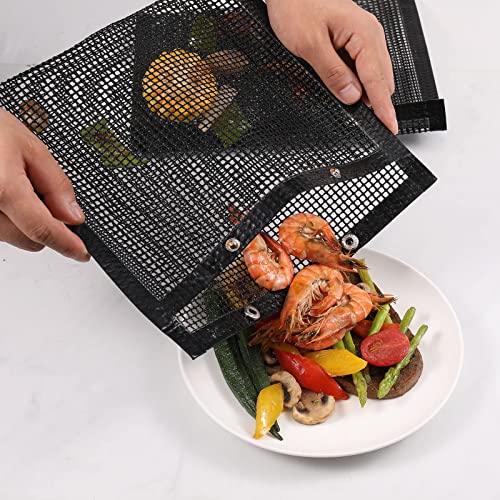BBQ Mesh Grill Bags for Outdoor Grill Reusable, 3 Pack Non-Stick Barbecue Bags for Charcoal Gas Electric Grills Smokers BBQ Veggie Grill Bags for Cooking Vegetables Grilling Bag Pouches Heat-Resistant