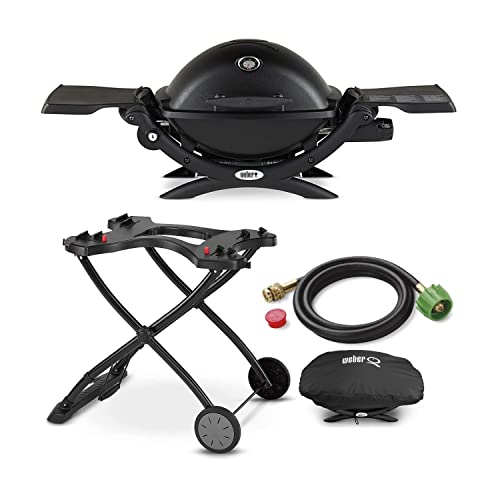 Weber Q1200 Liquid Propane Grill (Black) Bundle with Portable Cart, Adapter Hose, and Grill Cover (4 Items)