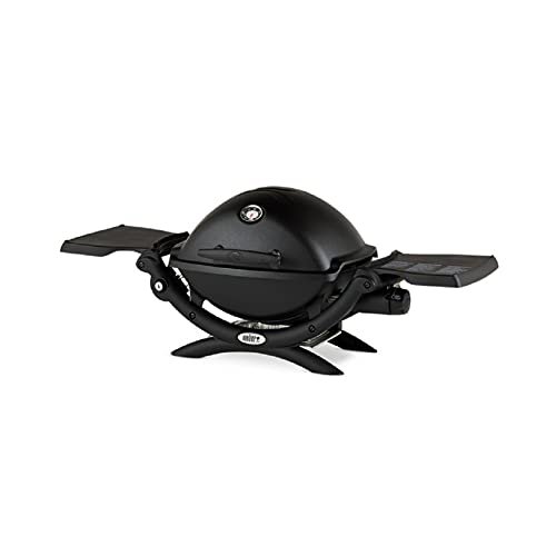 Weber Q1200 Liquid Propane Grill (Black) Bundle with Portable Cart, Adapter Hose, and Grill Cover (4 Items)