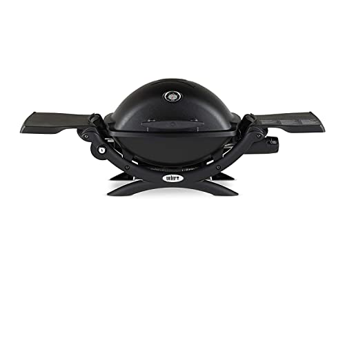 Weber Q1200 Liquid Propane Grill (Black) Bundle with Portable Cart, Adapter Hose, and Grill Cover (4 Items)