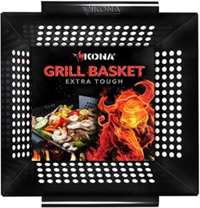 kona best vegetable grill basket – safe/clean porcelain enameled bbq grilling basket (large 12x12x3 inches) for veggies, kabobs, seafood, meats