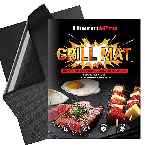 ThermoPro TP932 BBQ Grill Mat Set of 2 Grill Mats Non Stick Reusable Heavy-Duty Barbecue Baking Grilling Mats for Gas Charcoal Grill Outdoor Grilling Accessories