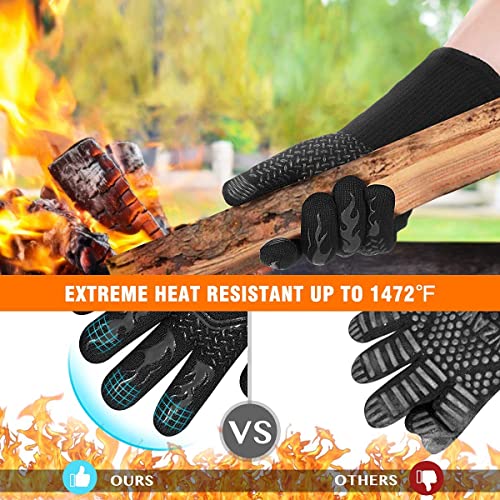 BBQ Grill Gloves Heat Resistant: 1472℉ High Temp Resistance Fireproof Glove for Grilling Smoking Barbecue - Washable Long Silicone Oven Mitts Extreme Hot Proof Mittens for Kitchen Cooking Baking 1