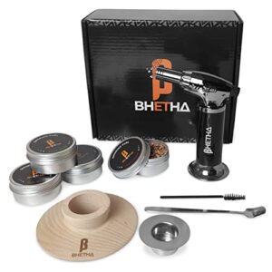 bhetha-cocktail smoker kit with torch, 4 tasty wood chips flavors (apple, walnut, cherry, oak) for bourbon & whiskey- bar accessories for old fashion cocktails. gifts for men, husband, dad (no butane)