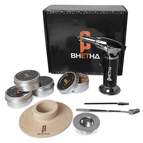 BHETHA-Cocktail Smoker Kit with Torch, 4 tasty Wood Chips Flavors (Apple, Walnut, Cherry, Oak) for Bourbon & Whiskey- Bar accessories for old fashion cocktails. Gifts for Men, Husband, Dad (No Butane)