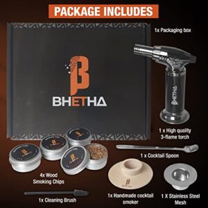 BHETHA-Cocktail Smoker Kit with Torch, 4 tasty Wood Chips Flavors (Apple, Walnut, Cherry, Oak) for Bourbon & Whiskey- Bar accessories for old fashion cocktails. Gifts for Men, Husband, Dad (No Butane)