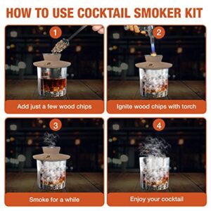 BHETHA-Cocktail Smoker Kit with Torch, 4 tasty Wood Chips Flavors (Apple, Walnut, Cherry, Oak) for Bourbon & Whiskey- Bar accessories for old fashion cocktails. Gifts for Men, Husband, Dad (No Butane)