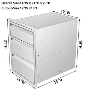 Atatod 14" W Outdoor Kitchen Drawer Stainless Steel BBQ Triple Drawer Flush Mount for Outdoor Kitchen Island(Overall Size:14" W x 21" H x 23" D inch)