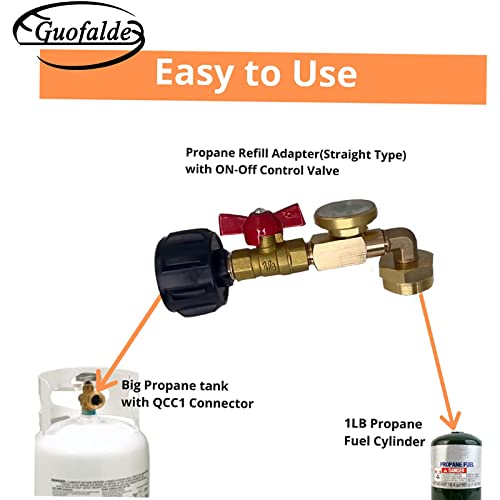 GUOFALDE QCC1 Propane Refill Elbow Adapter with Gauge and ON-Off Control Valve, 90 Degree Pressure Adapter, for 1LB Propane Tank to Be Refilled Gas from 5~40 LB Propane Tank