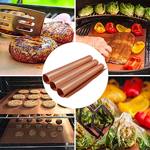 Grill Mats for Outdoor Grill BBQ Grill Mat Set of 3 Nonstick Copper Grill Mat Heavy Duty Reusable Barbecue Grill Sheets BBQ Accessories Grill Tools Works on Electric Grill Gas Charcoal RV Camping